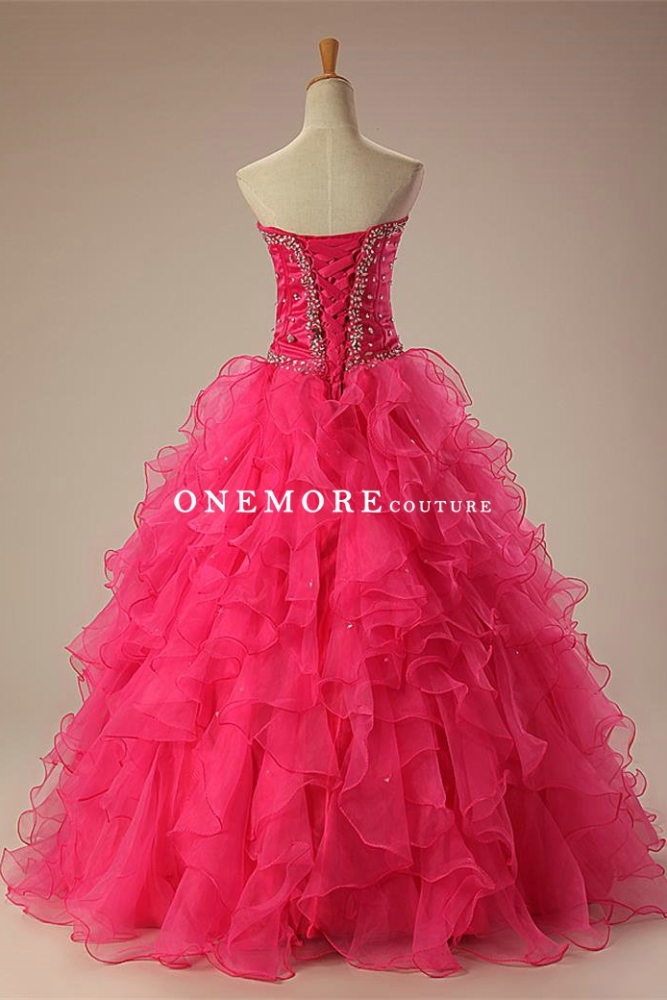 Beaded Hot Pink Quinceanera Dresses with Ruffled Organza Skirt