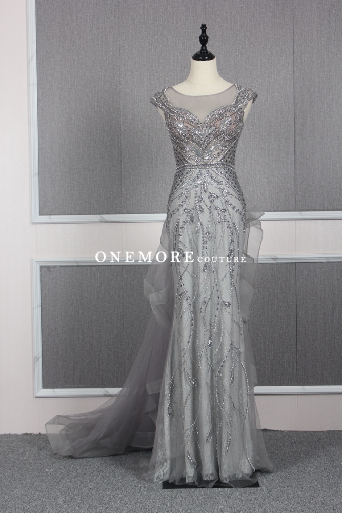 Navy Blue Heavily Beaded Mermaid Pageant Dress with Sleeves
