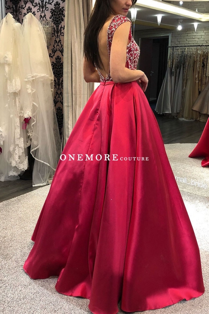 Red Satin Prom Dresses with Beaded Square Neck Bodice