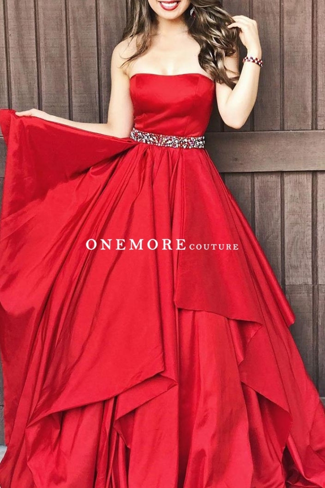 Strapless Red A Line Taffeta Dresses with Beaded Belt