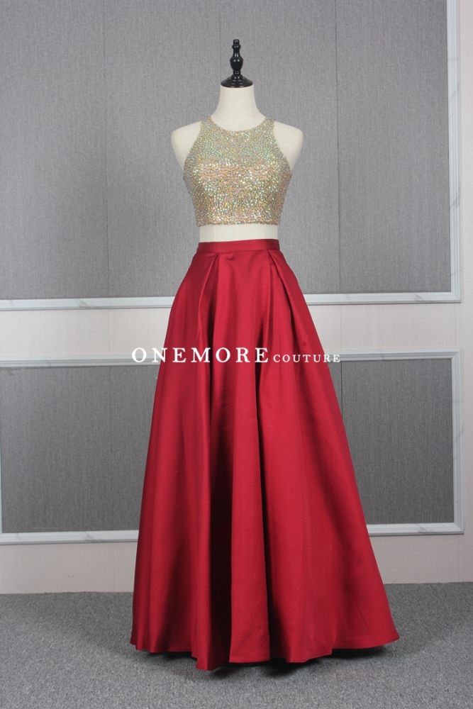 Red Two Pieces Style Dress with Beaded Crop Top and Pocket