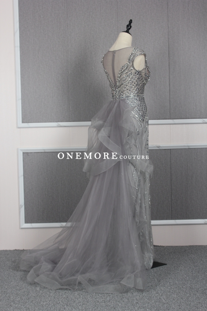 Navy Blue Heavily Beaded Mermaid Pageant Dress with Sleeves