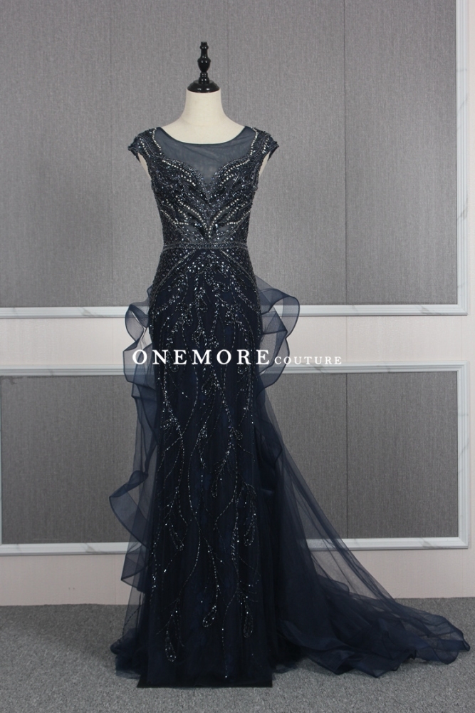 Navy Blue Heavily Beaded Mermaid Pageant Dress with Sleeves