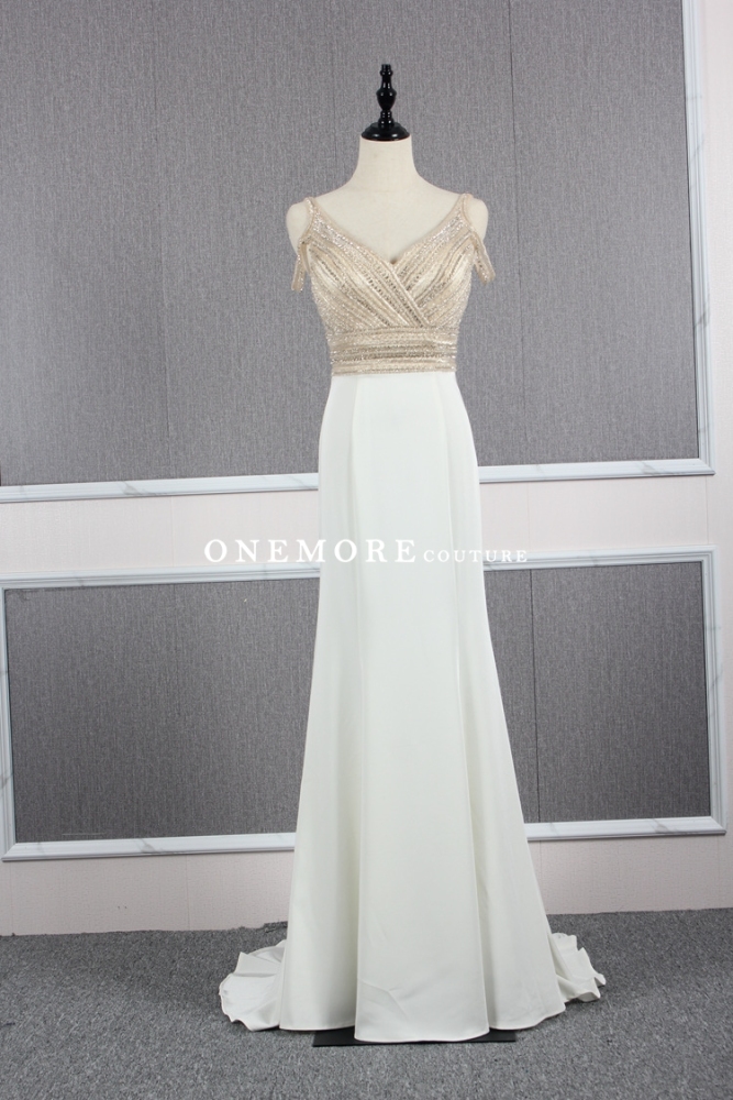 V Neckline Ivory Dress with Beaded Off Shoulder Bodice