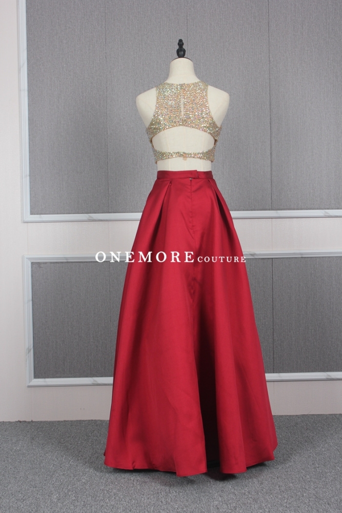 Red Two Pieces Style Dress with Beaded Crop Top and Pocket