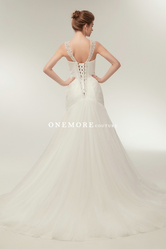 Asymmetrically Drapped Fit and Flare Tulle Wedding Dresses
