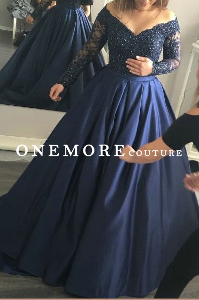 Navy Ball Gown Dresses with Beaded Long Sleeves Lace Bodice