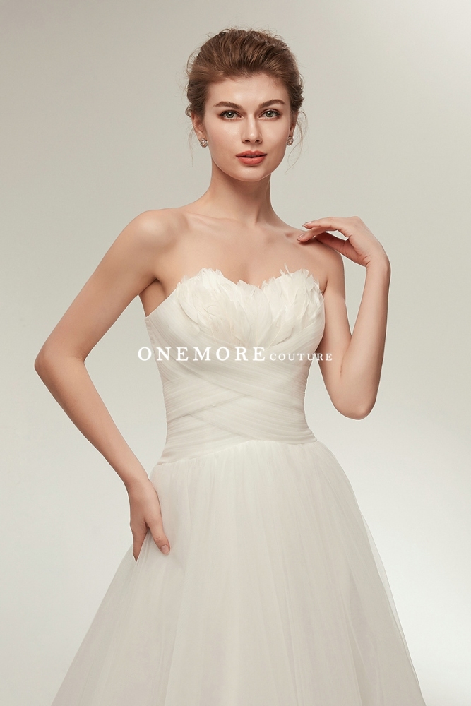 Simple Pleated A Line Wedding Dresses with Feathers