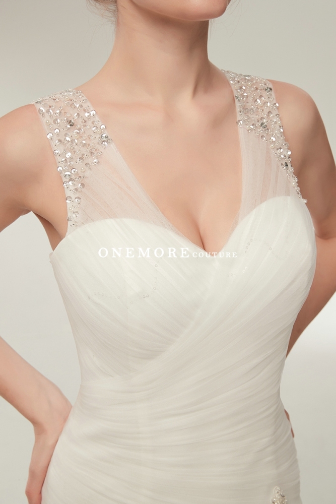 Asymmetrically Drapped Fit and Flare Tulle Wedding Dresses