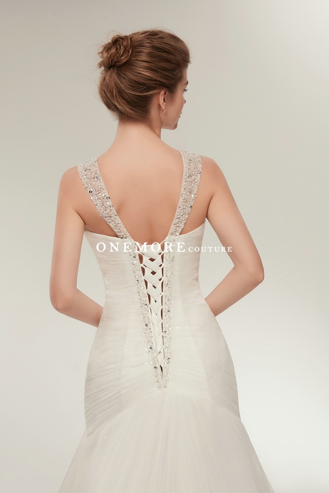 Asymmetrically Drapped Fit and Flare Tulle Wedding Dresses