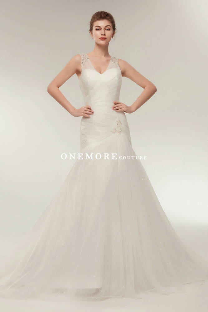 Asymmetrically Drapped Fit and Flare Tulle Wedding Dresses