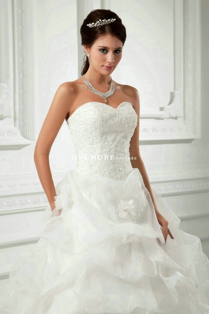 Drop Waist Ball Gown Organza Wedding Dress with Lace