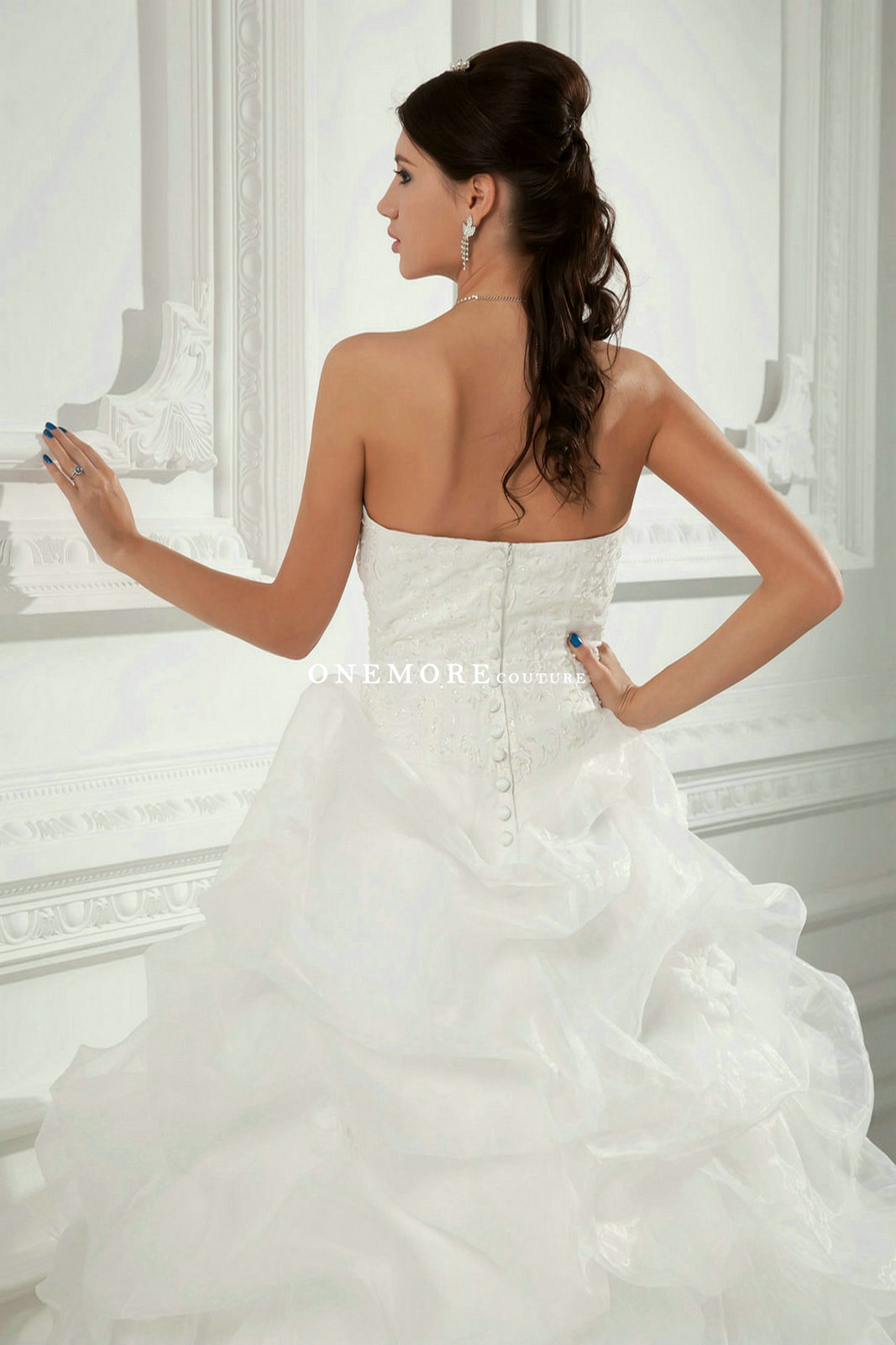 Drop Waist Ball Gown Organza Wedding Dress with Lace