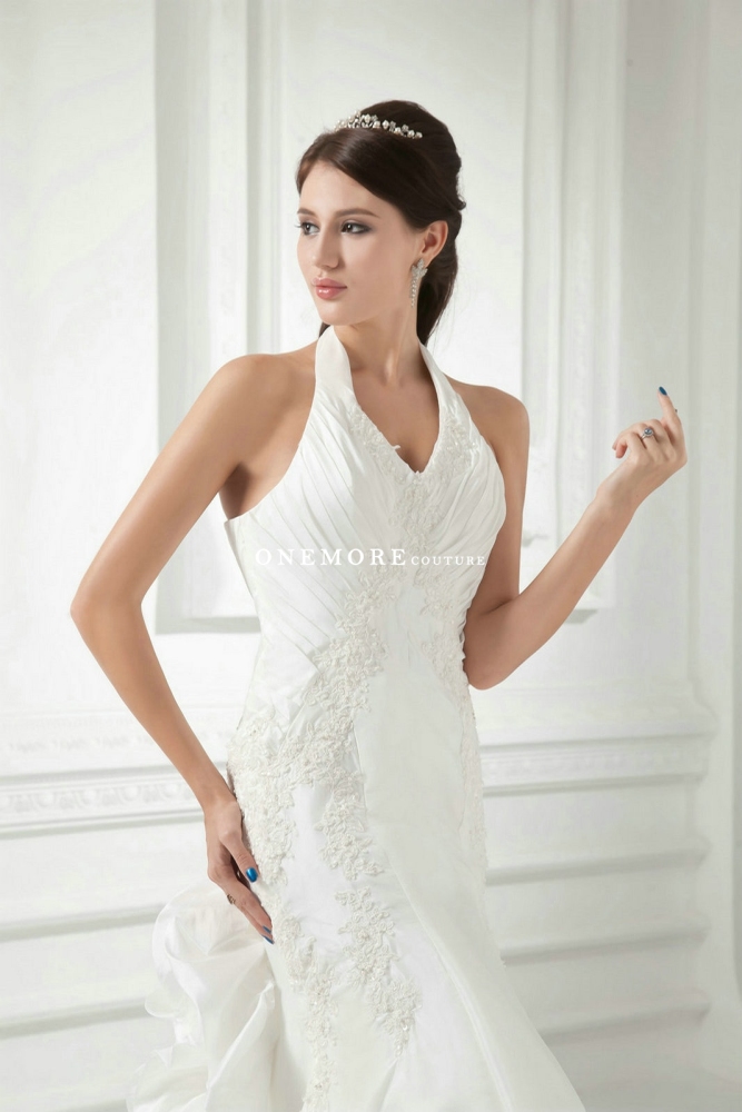 Halter Top Fit and Flare Taffeta Wedding Dresses with Pickups
