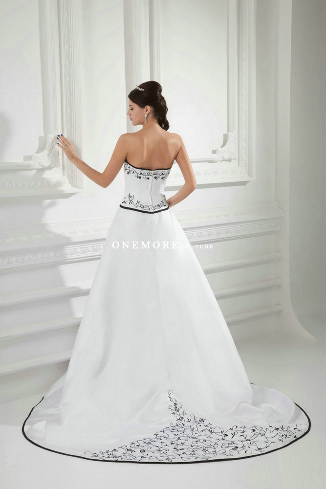Black Embroidery over White Satin Wedding Dresses