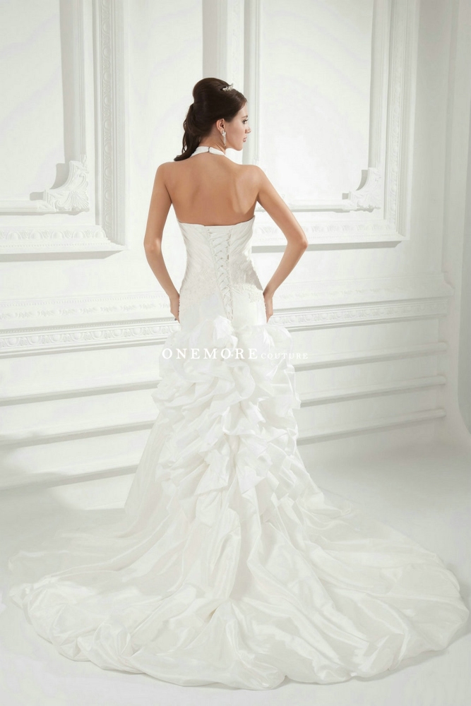 Halter Top Fit and Flare Taffeta Wedding Dresses with Pickups