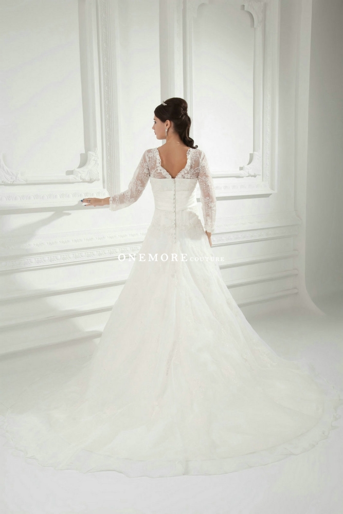 A Line Lace Wedding Dresses with Sheer Long Sleeves