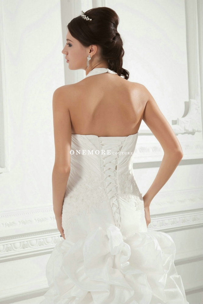 Halter Top Fit and Flare Taffeta Wedding Dresses with Pickups