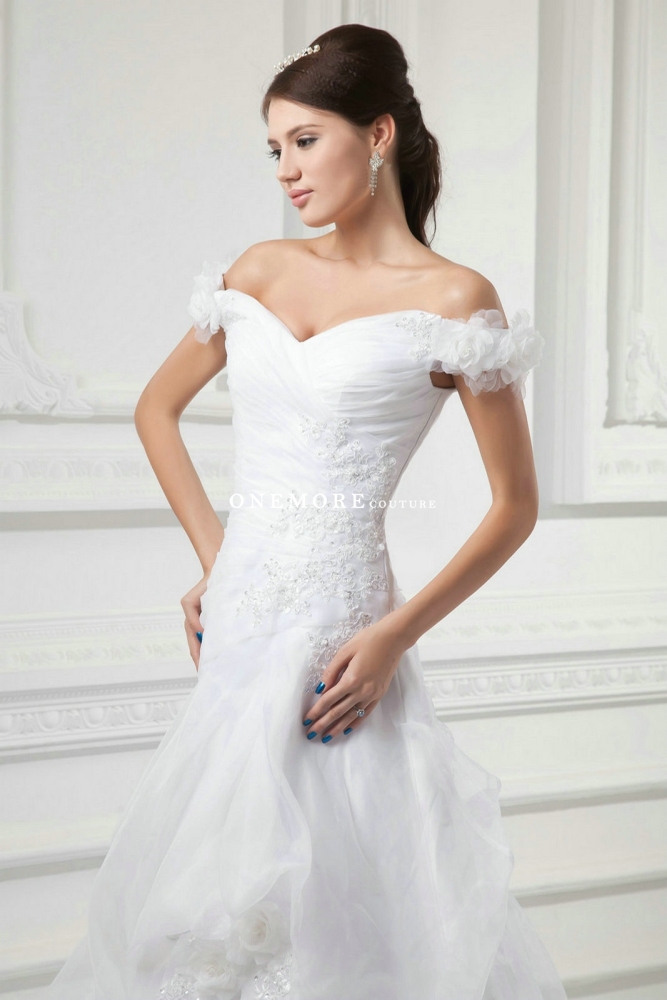 Off Shoulder Ball Gown Organza Wedding Dresses with Lace