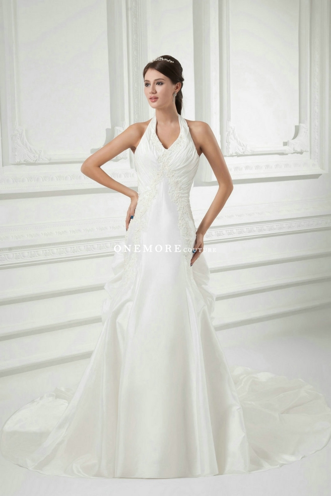 Halter Top Fit and Flare Taffeta Wedding Dresses with Pickups
