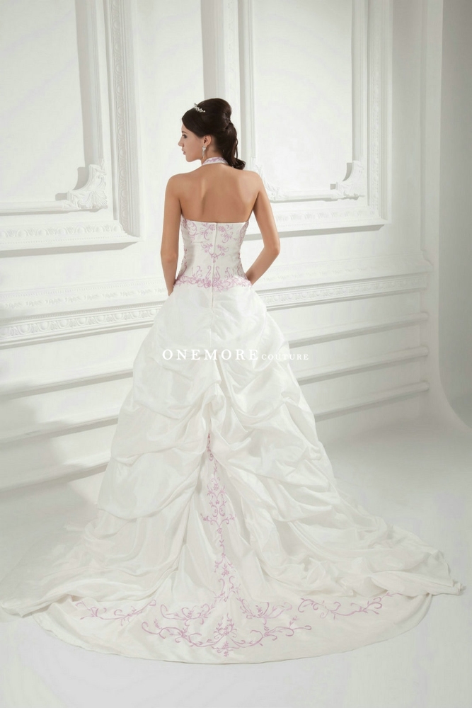 Ivory Ball Gown Wedding Dresses with Pink Embroidery