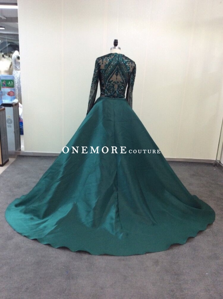 Emerald Green Long Sleeves Sequin Dresses with Overskirt