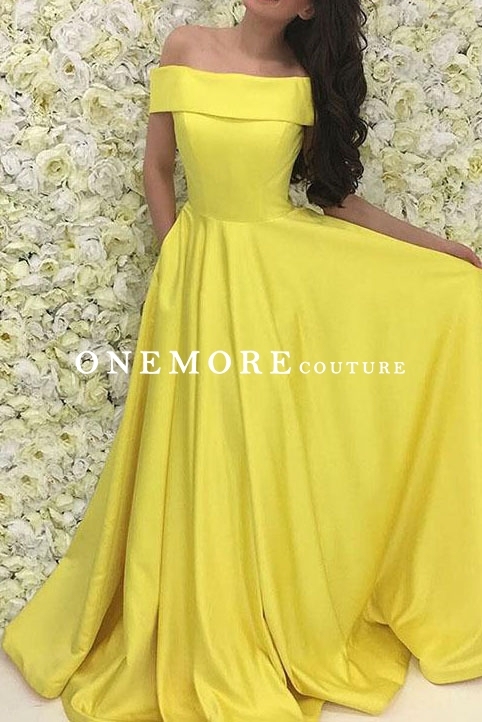 Bright Yellow Off the Shoulder Satin Prom Dress with Train
