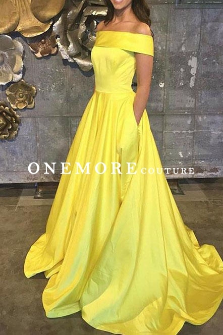 Bright Yellow Off the Shoulder Satin Prom Dress with Train