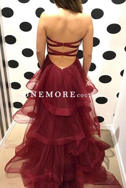 Open Back Burgundy Prom Dress with Tiered Tulle Skirt