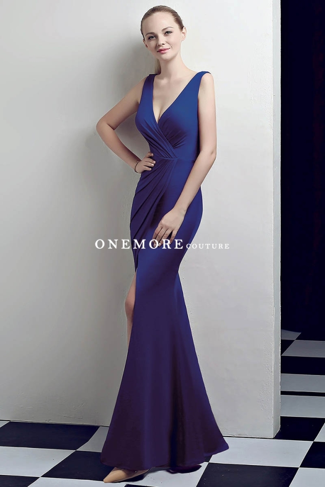 Green Low V Neck Stretch Jersey Dresses with Slit