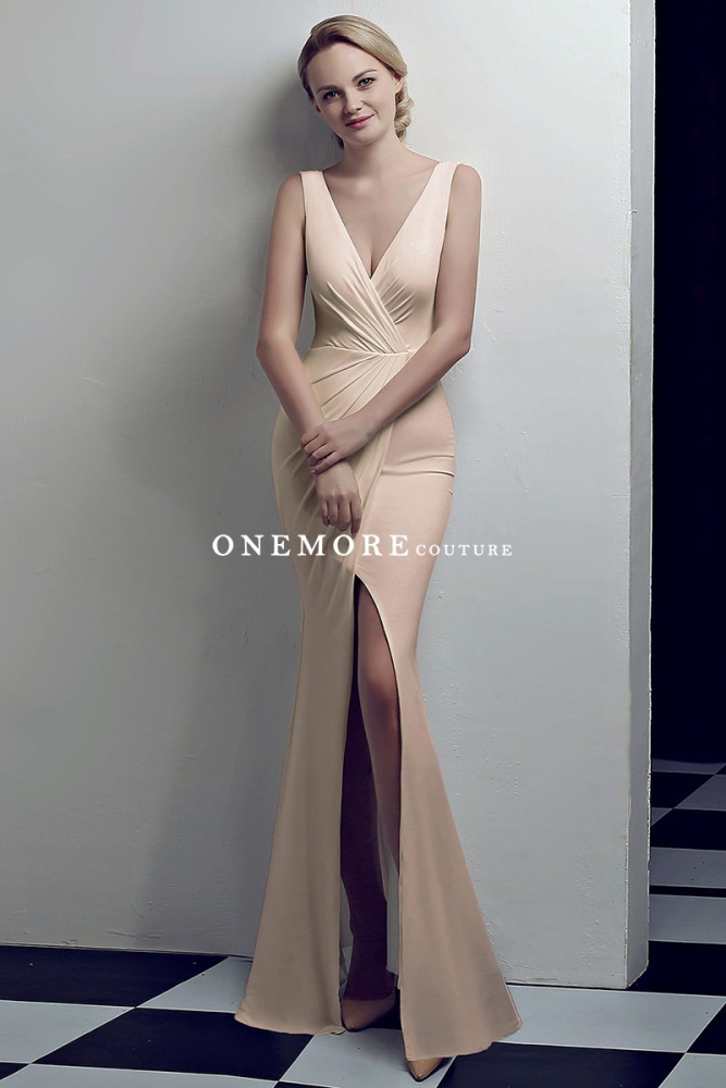 Purple Low V Neck Stretch Jersey Dresses with Slit