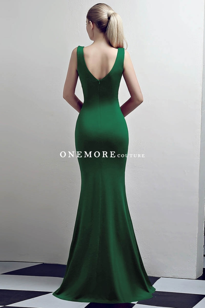 Green Low V Neck Stretch Jersey Dresses with Slit