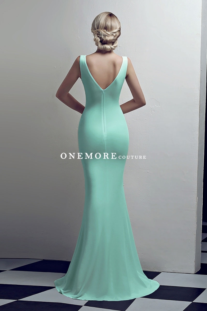 Aqua Low V Neck Stretch Jersey Dresses with Slit
