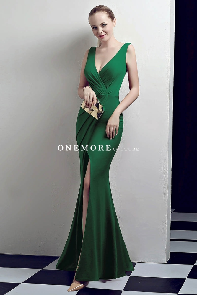 Purple Low V Neck Stretch Jersey Dresses with Slit