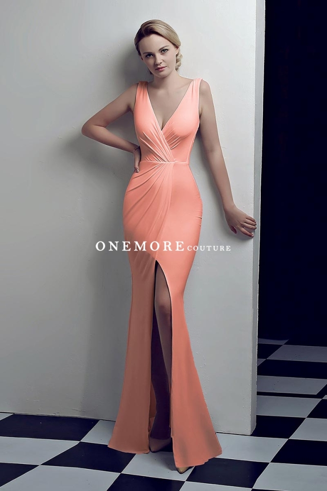Purple Low V Neck Stretch Jersey Dresses with Slit