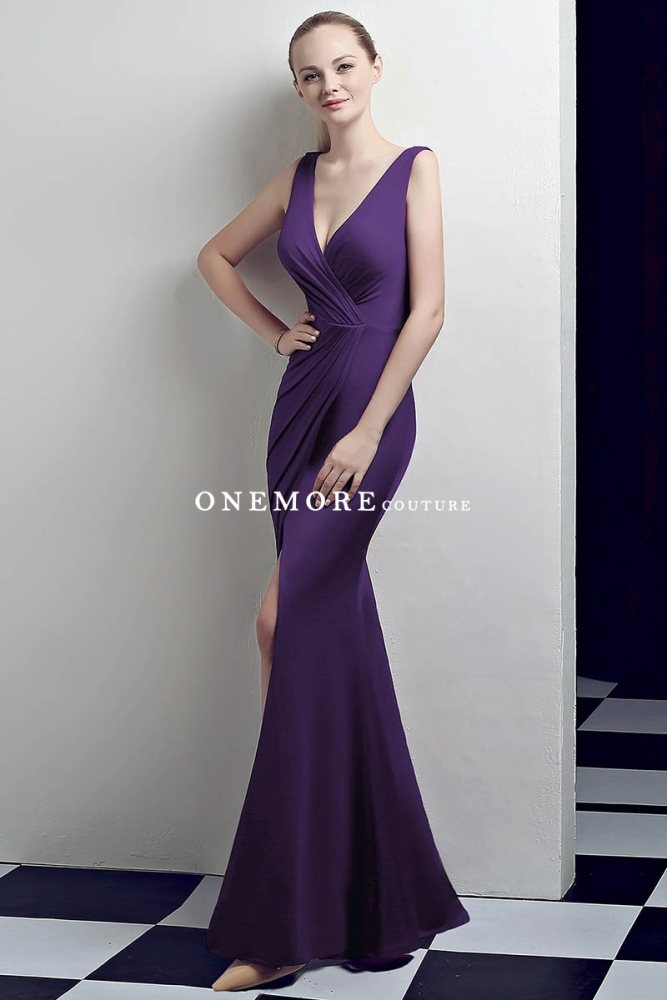 Green Low V Neck Stretch Jersey Dresses with Slit