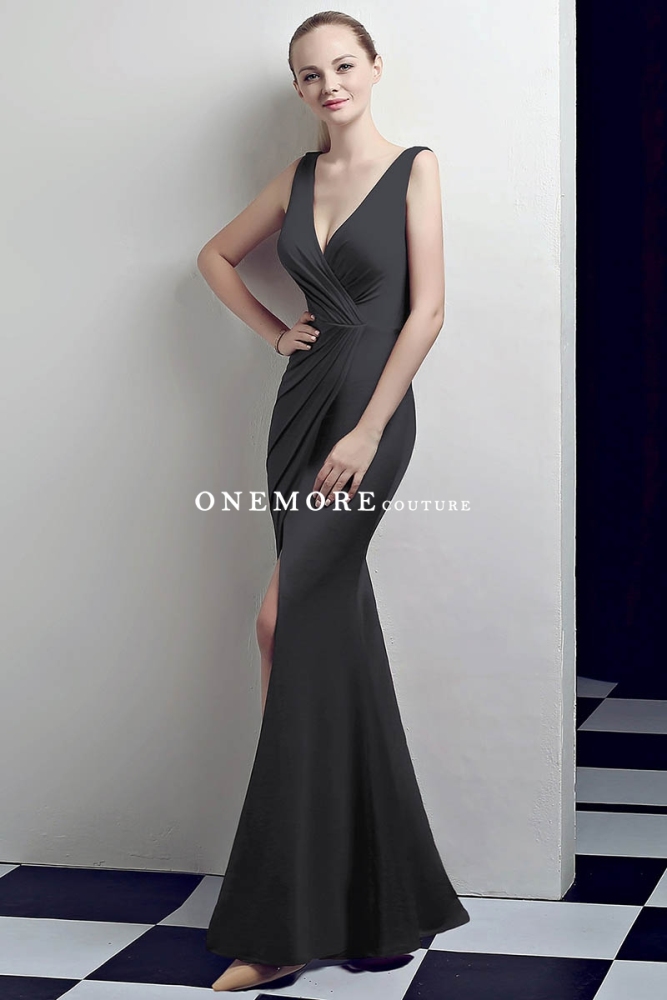 Green Low V Neck Stretch Jersey Dresses with Slit