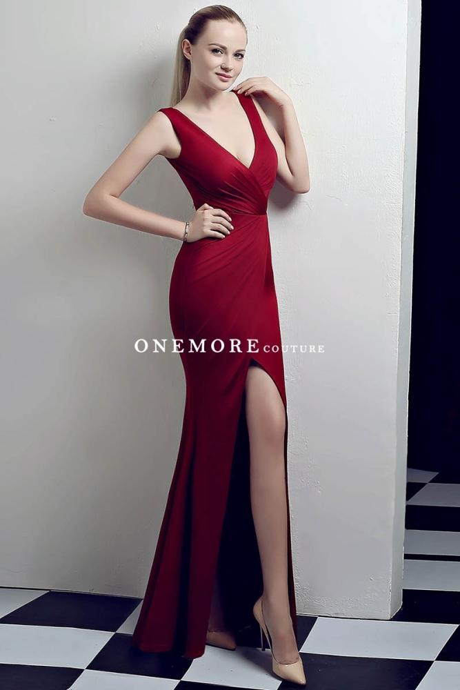 Purple Low V Neck Stretch Jersey Dresses with Slit