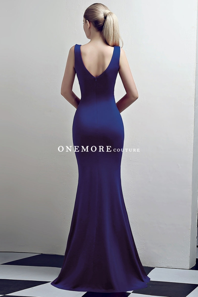 Royal Blue Low V Neck Stretch Jersey Dresses with Slit