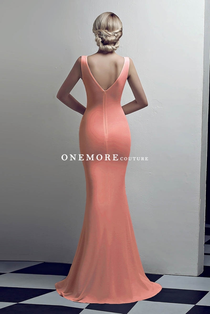 Peach Low V Neck Stretch Jersey Dresses with Slit