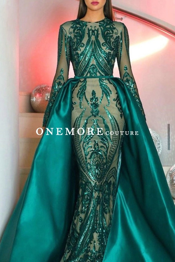 Emerald Green Long Sleeves Sequin Dresses with Overskirt