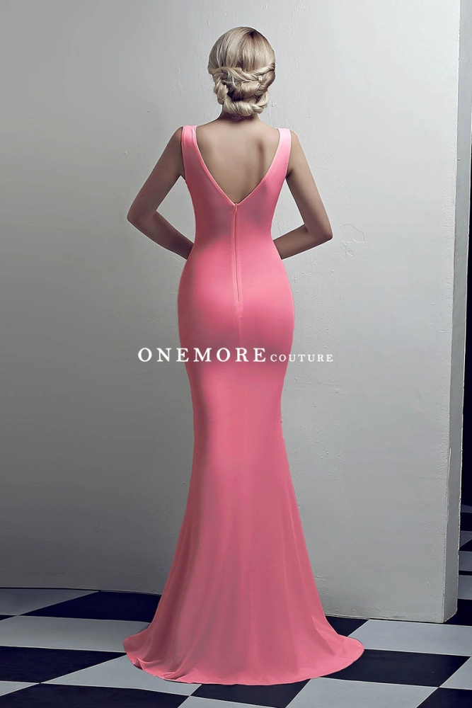 Pink Low V Neck Stretch Jersey Dresses with Slit