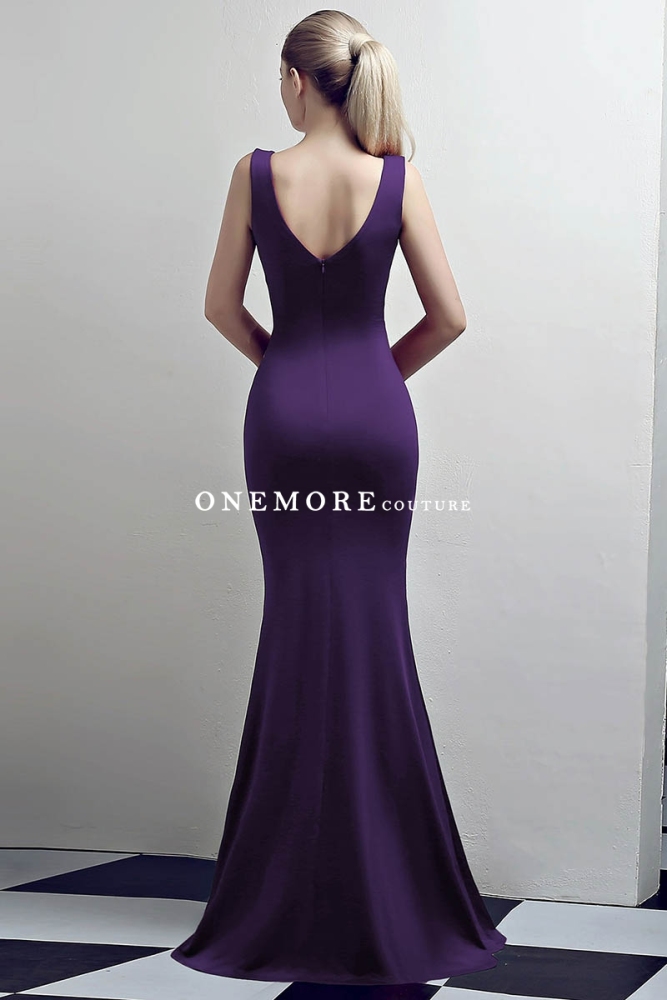 Purple Low V Neck Stretch Jersey Dresses with Slit