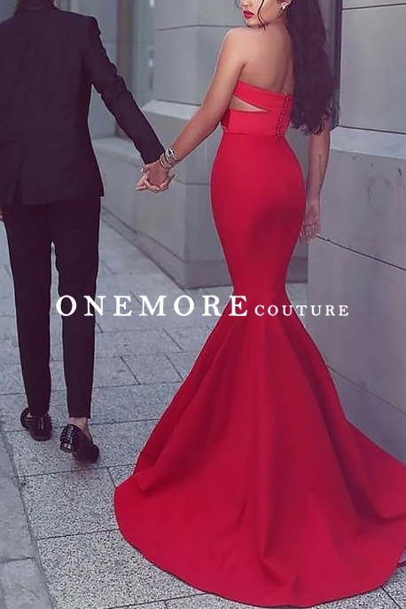 Red Satin Strapless Mermaid Prom Dresses