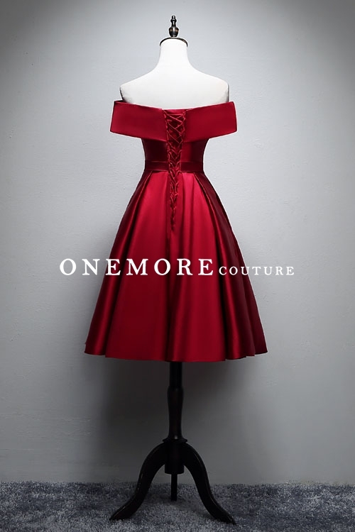 Short Knee Length Burgundy Satin Dress with Off Shoulder