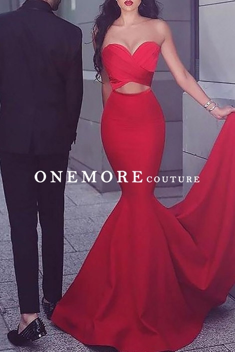 Red Satin Strapless Mermaid Prom Dresses