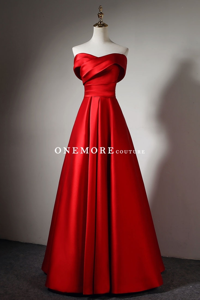 A Line Simple Red Satin Dress with Off Shoulder