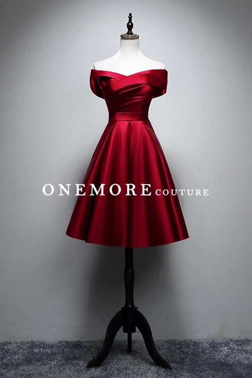 Short Knee Length Burgundy Satin Dress with Off Shoulder