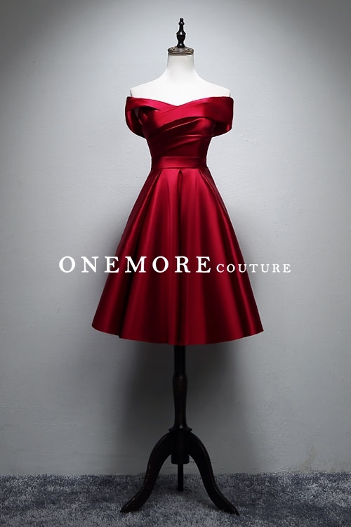 Short Knee Length Burgundy Satin Dress with Off Shoulder
