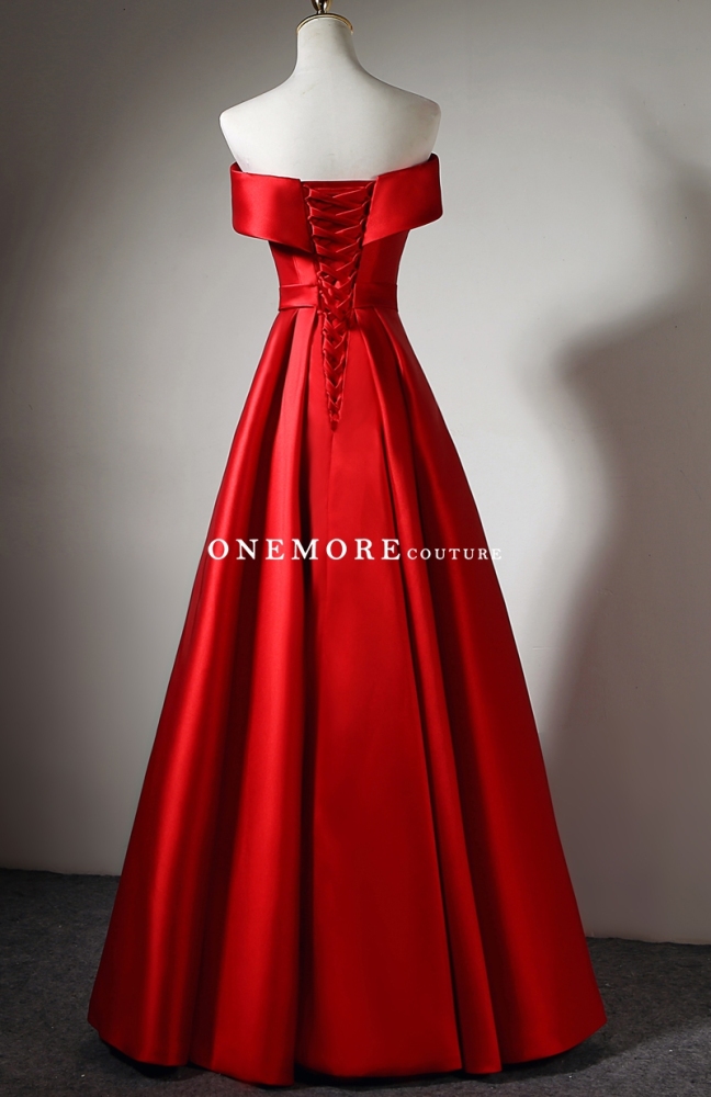 A Line Simple Red Satin Dress with Off Shoulder